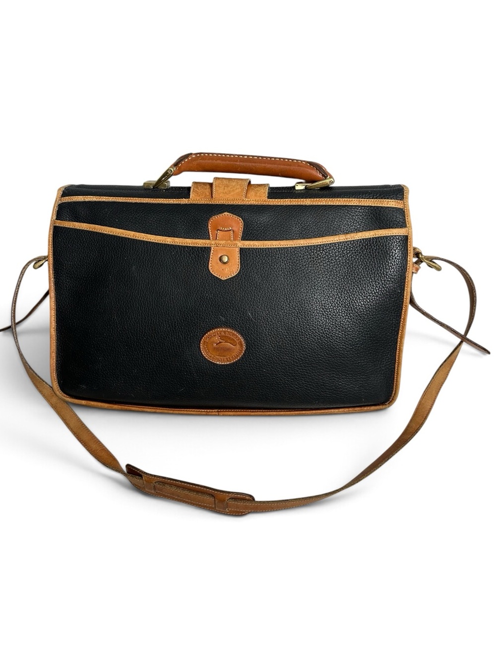 Dooney & Bourke All Weather Vintage Black Leather Briefcase  British Tan Trim